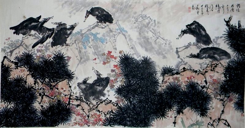 现代著名国画大师潘天寿《松岩八鹫图》巨画