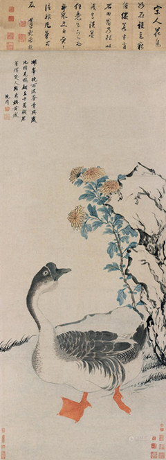 沈周《菊花鹅翎图》 画:147*59.5cm,诗堂:18*59.5cm 成交价:575万