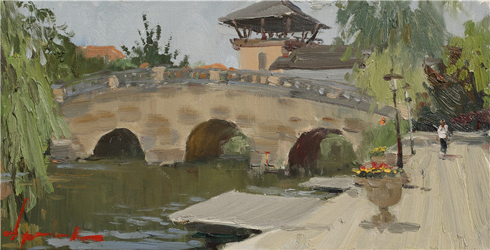俄罗斯油画《西溪湿地的桥》
