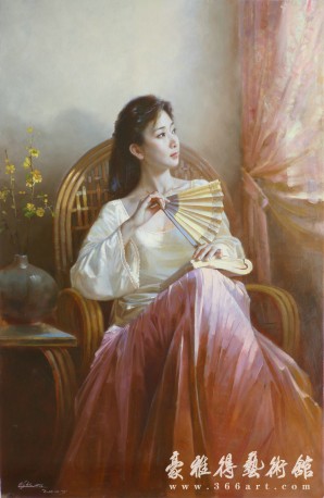 朝鲜油画-手拿折扇的女人