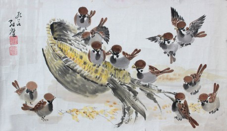 收藏首选朝鲜第一画家郑昶谟《秋天的麻雀》力作31x55