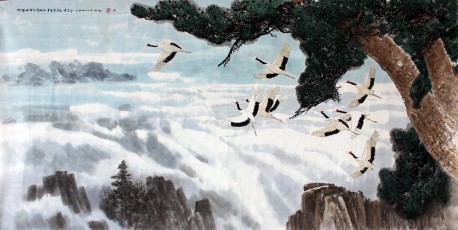 朝鲜人民艺术家 李京男《八只仙鹤飞翔在蓝天》124x247
