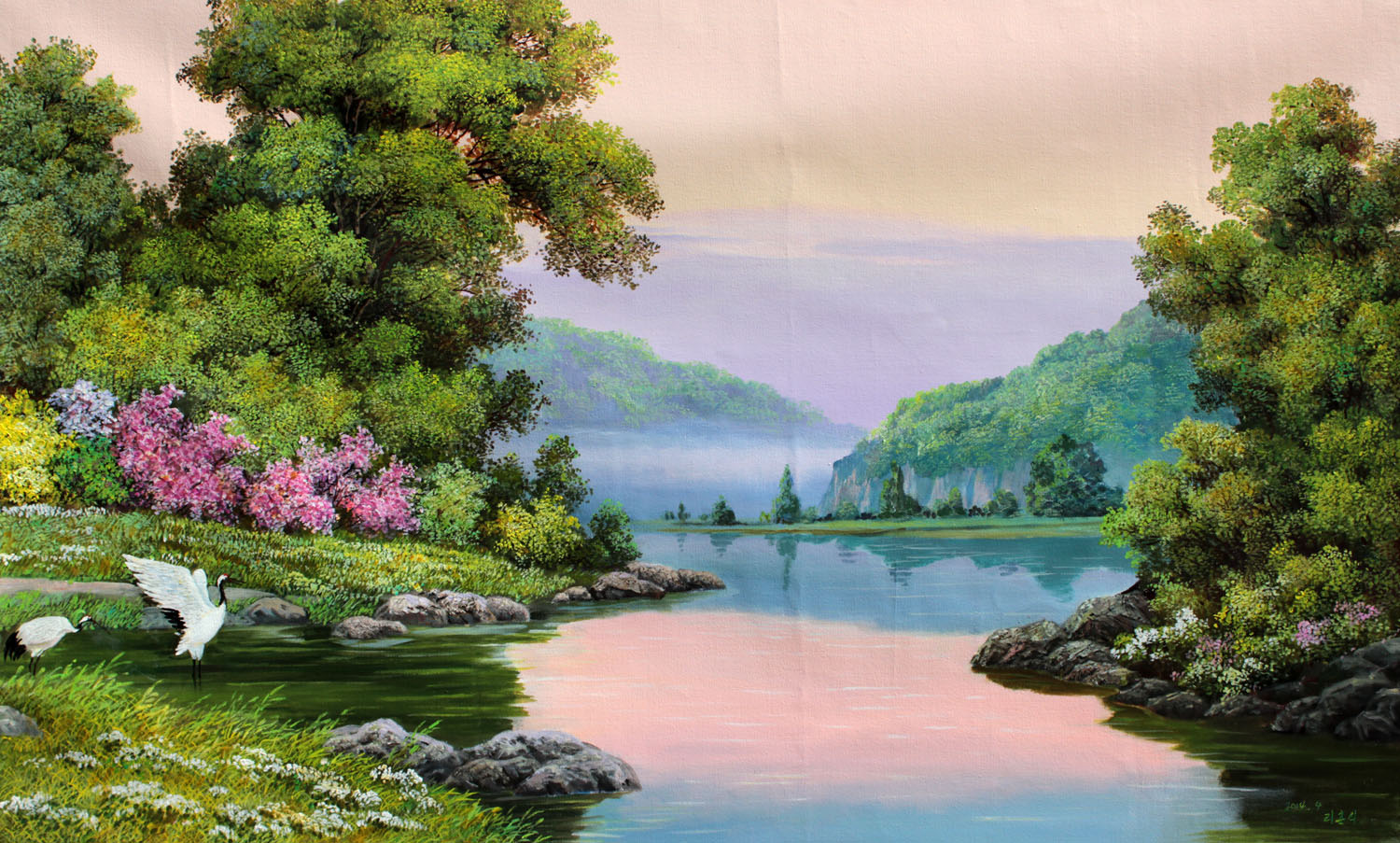 朝鲜人民艺术家李春植《湖边的早晨》海外直供100x165