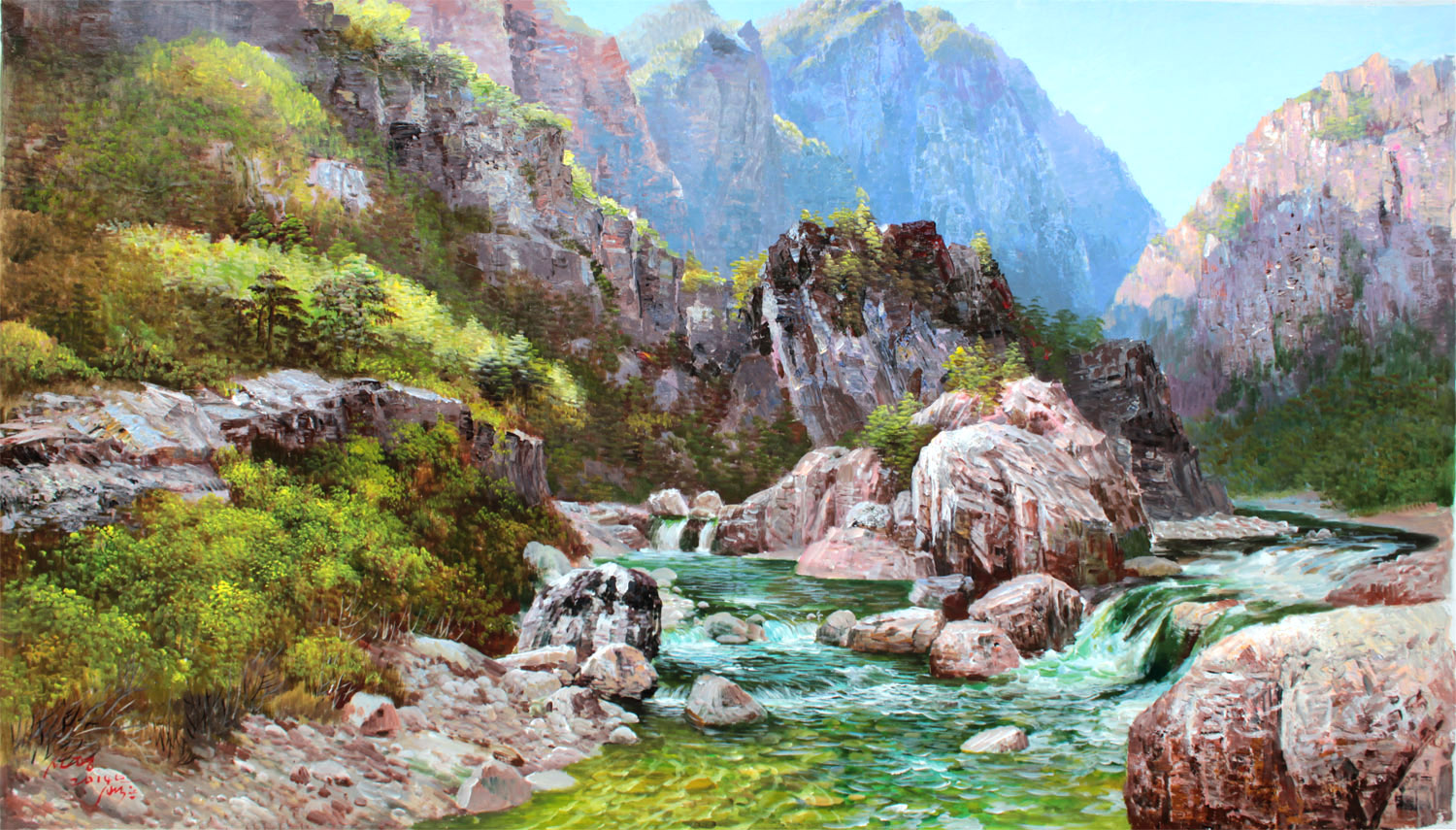 朝鲜功勋艺术家百容《新平风景》丙烯画 海外直供97x167