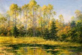 朝鲜名家 金仁哲《湖边的秋天》油画力作81x120