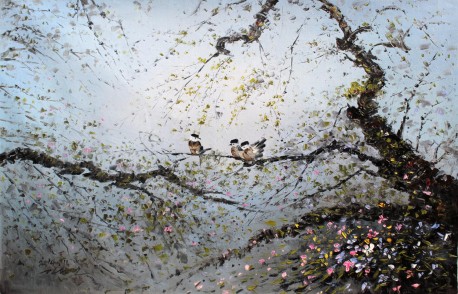 朝鲜名家 金光日《树梢上的麻雀》油画力作76x117