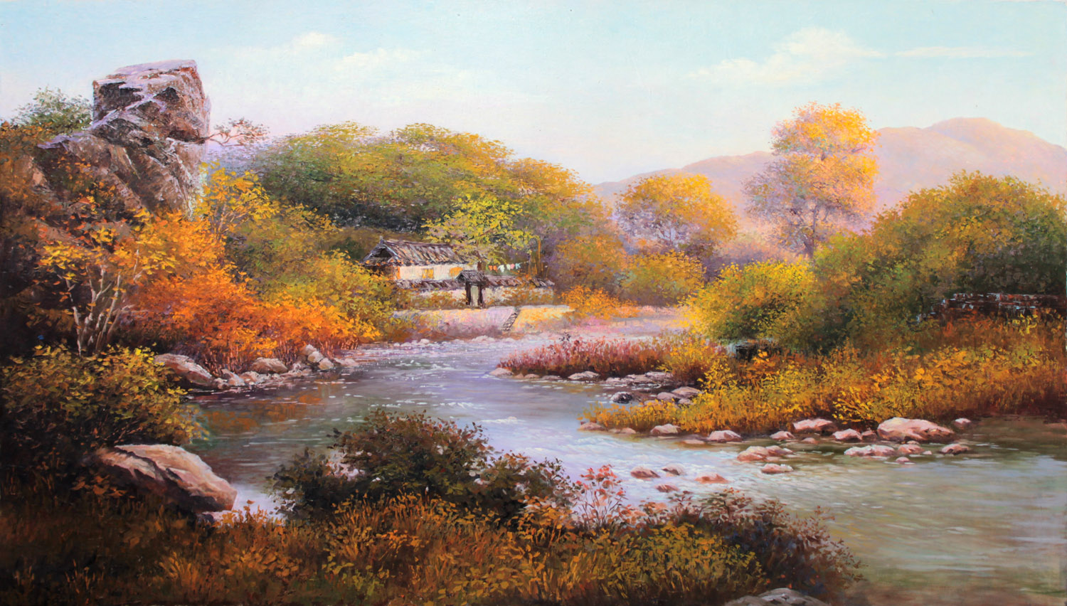 朝鲜名家朴成龙《故乡溪畔》油画 海外直供93x157