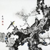 25、《雀梅图》  纸本彩墨 50×50cm