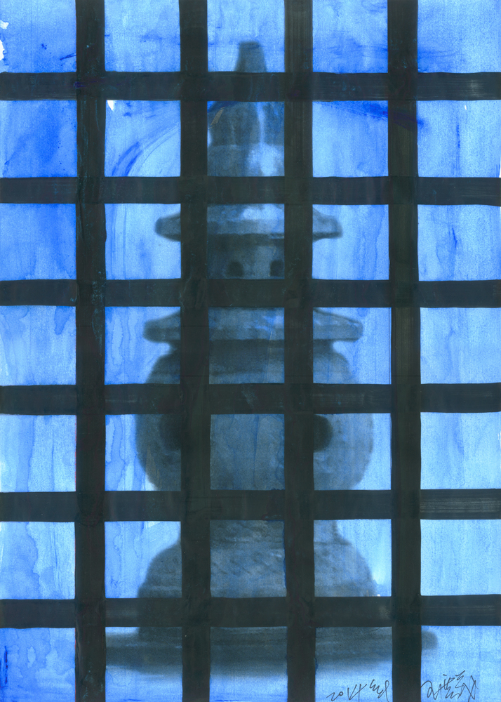 2014《打格放大或缩小的西湖三潭映月》，42X30cm，纸上水彩、综合材料
