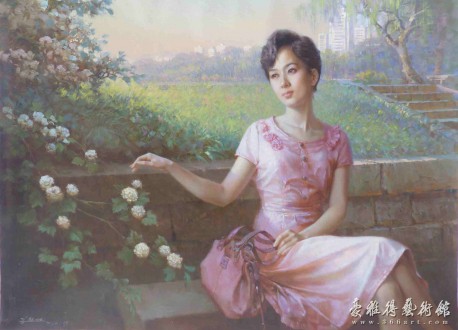  【朝鲜油画】花园石椅上的女人 