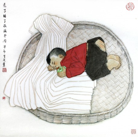 何昌林，虎子睡了，工笔人物，68X68