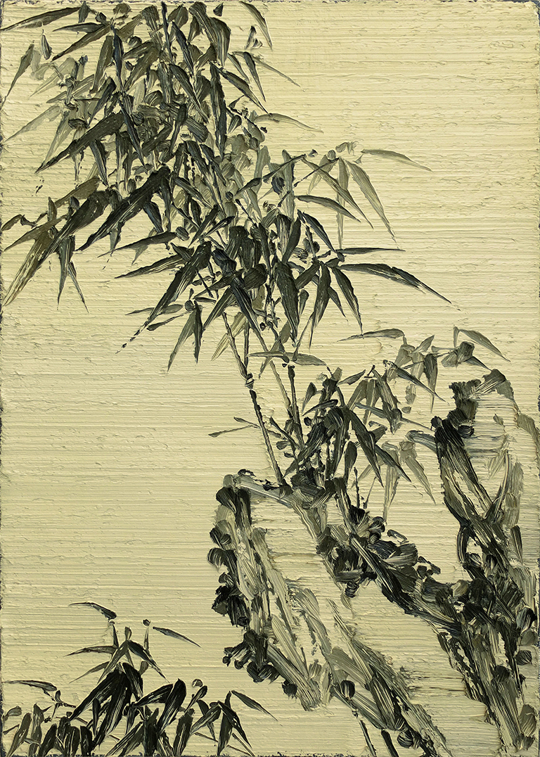 何森，石头上的竹子，布面油画，70 x 50cm ，2015