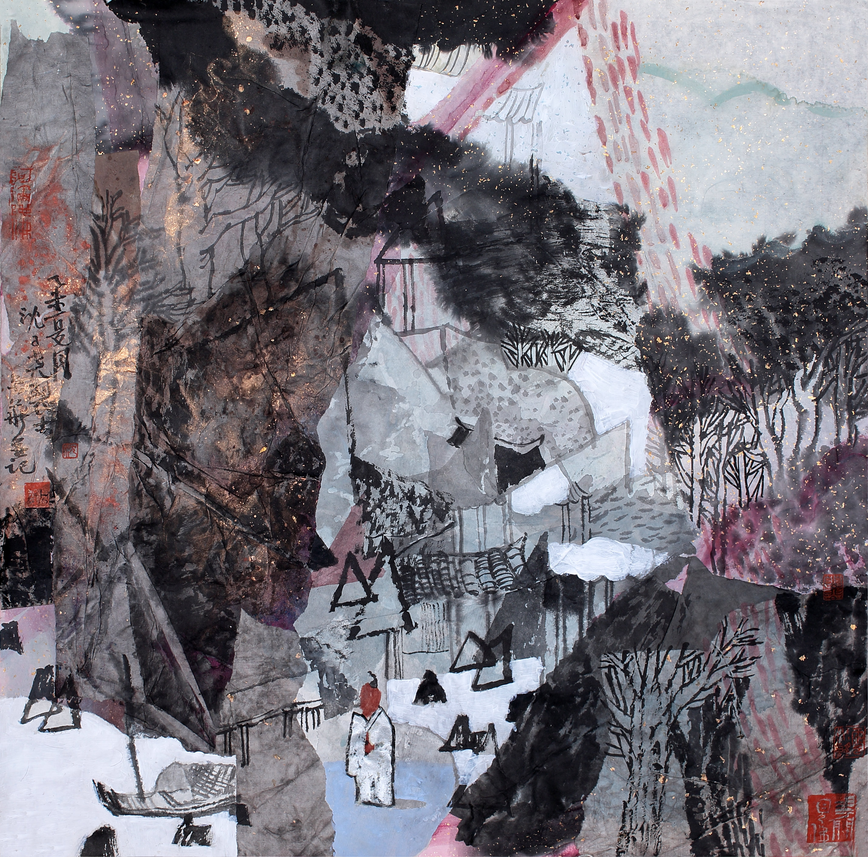 《看山不是山》，65cm×65cm，纸本水墨、设色、综合材料，2015年