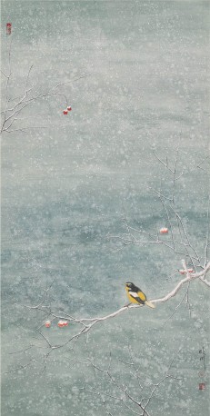 《雪地果树枝头的小鸟》