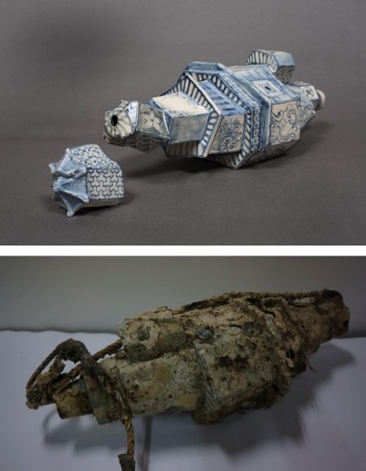 Fortress Temple. Pair of hand-painted
archaeological shards, before and
after ocean-submersion (2)
