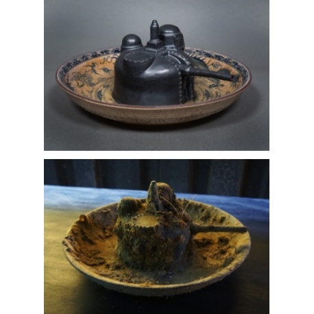 Wartime Dinner. Pair of hand-painted
porcelain plates, before and after
ocean-submersion