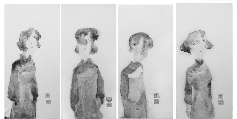 王光林《穿旗袍的女人》16x35cmx4张 纸本水墨 2013