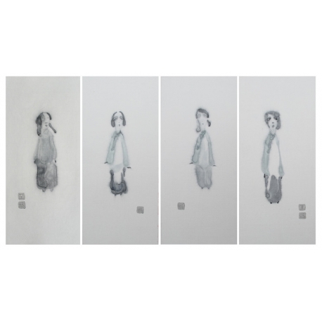 王光林《拾遗-女学生》16x35cmx4张 纸本水墨 2013