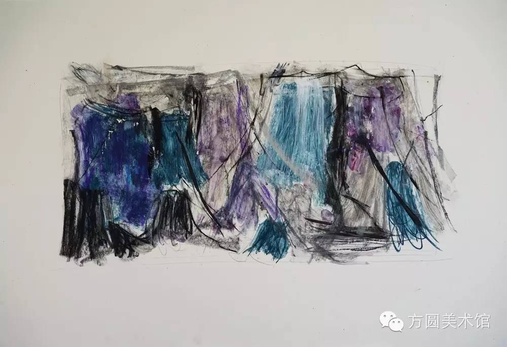 ！《山水赋之二十一》75x46.5cm ，2015年，卡纸上色粉笔、水彩、铅笔及蜡纸拼贴等