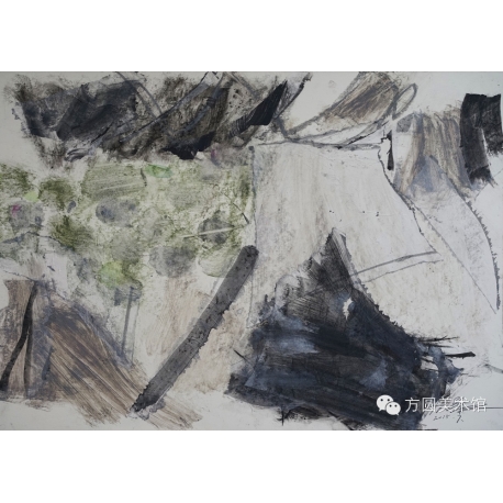 ！《山水赋之九》54x38.5cm，2015年，卡纸上色粉笔、水彩、铅笔及蜡纸拼贴等