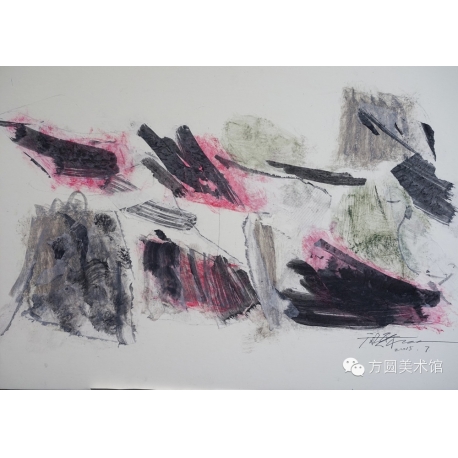！《山水赋之十二》54x38.5cm，2015年，卡纸上色粉笔、水彩、铅笔及蜡纸拼贴等