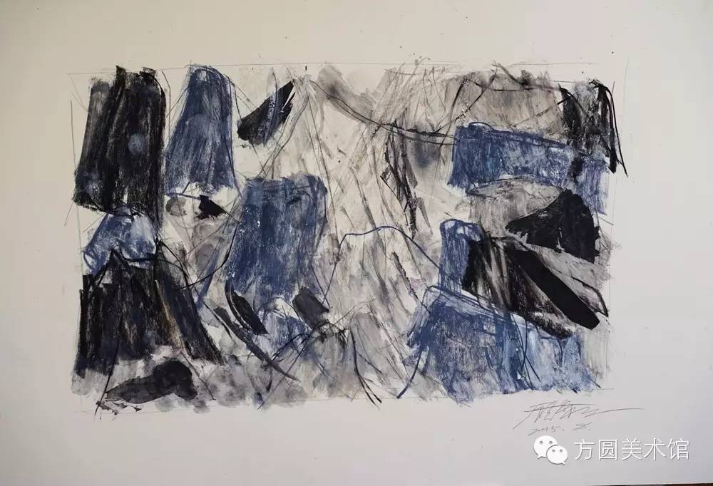 ！《山水赋之十六》75x46.5cm ，2015年，卡纸上色粉笔、水彩、铅笔及蜡纸拼贴等，