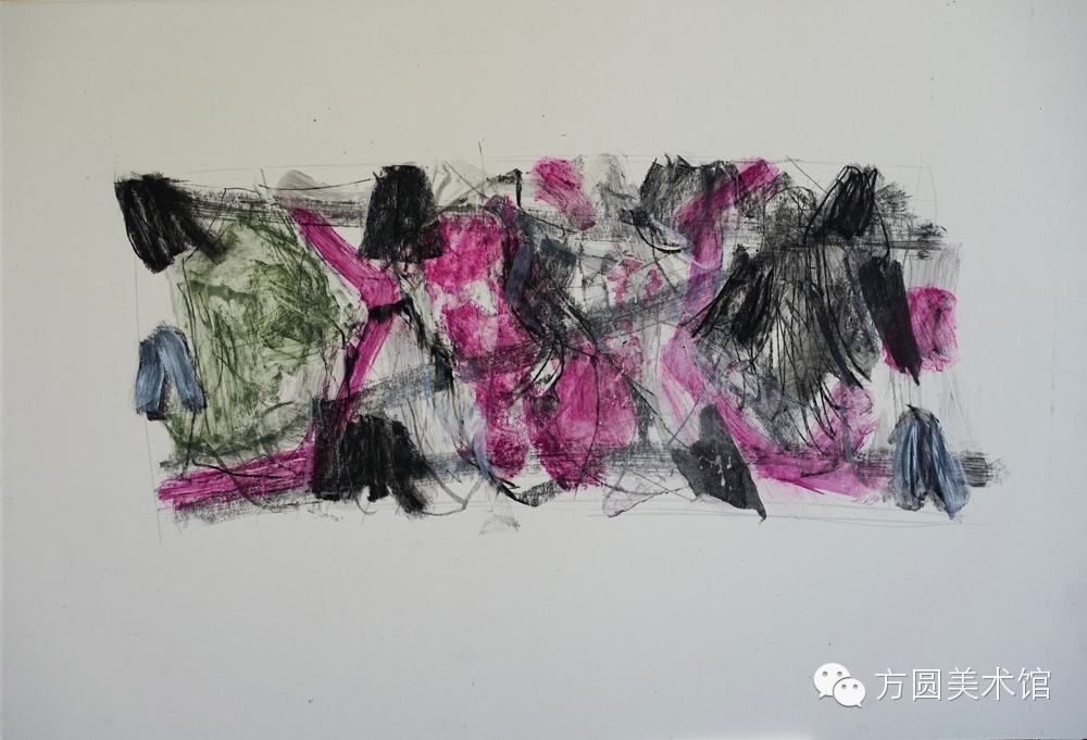 ！《山水赋之十四》75x46.5cm ，2015年，卡纸上色粉笔、水彩、铅笔及蜡纸拼贴等