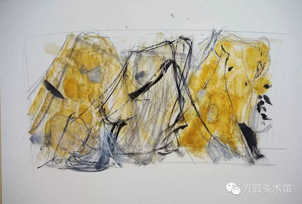 ！《山水赋之十五》75x46.5cm ，2015年，卡纸上色粉笔、水彩、铅笔及蜡纸拼贴等