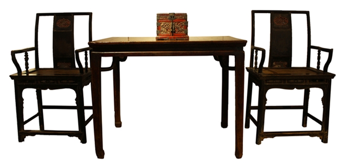 朱漆镜台，酒桌，黑漆官帽椅