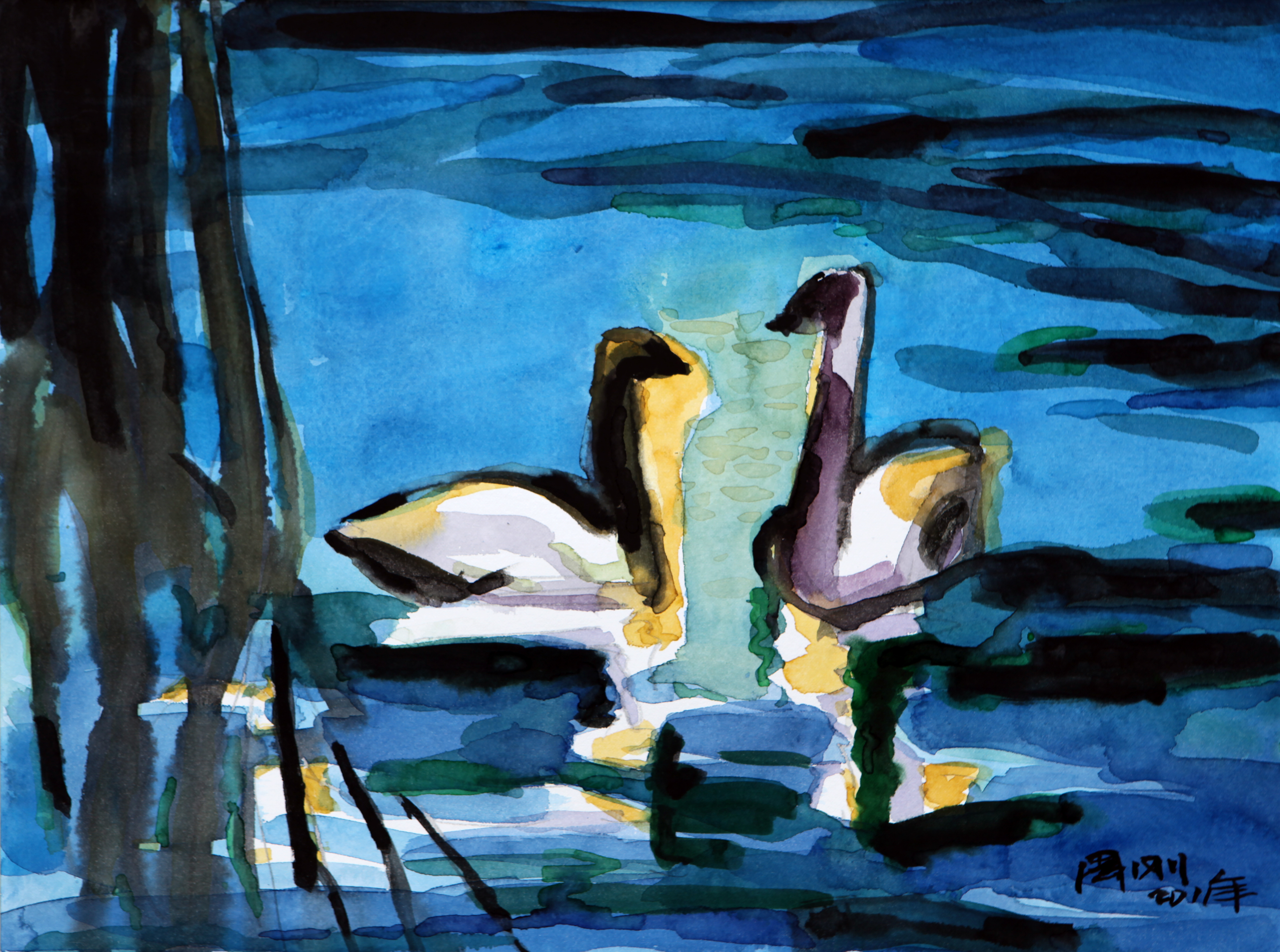 2011年周刚水彩画——《西湖夜话》36X48cm