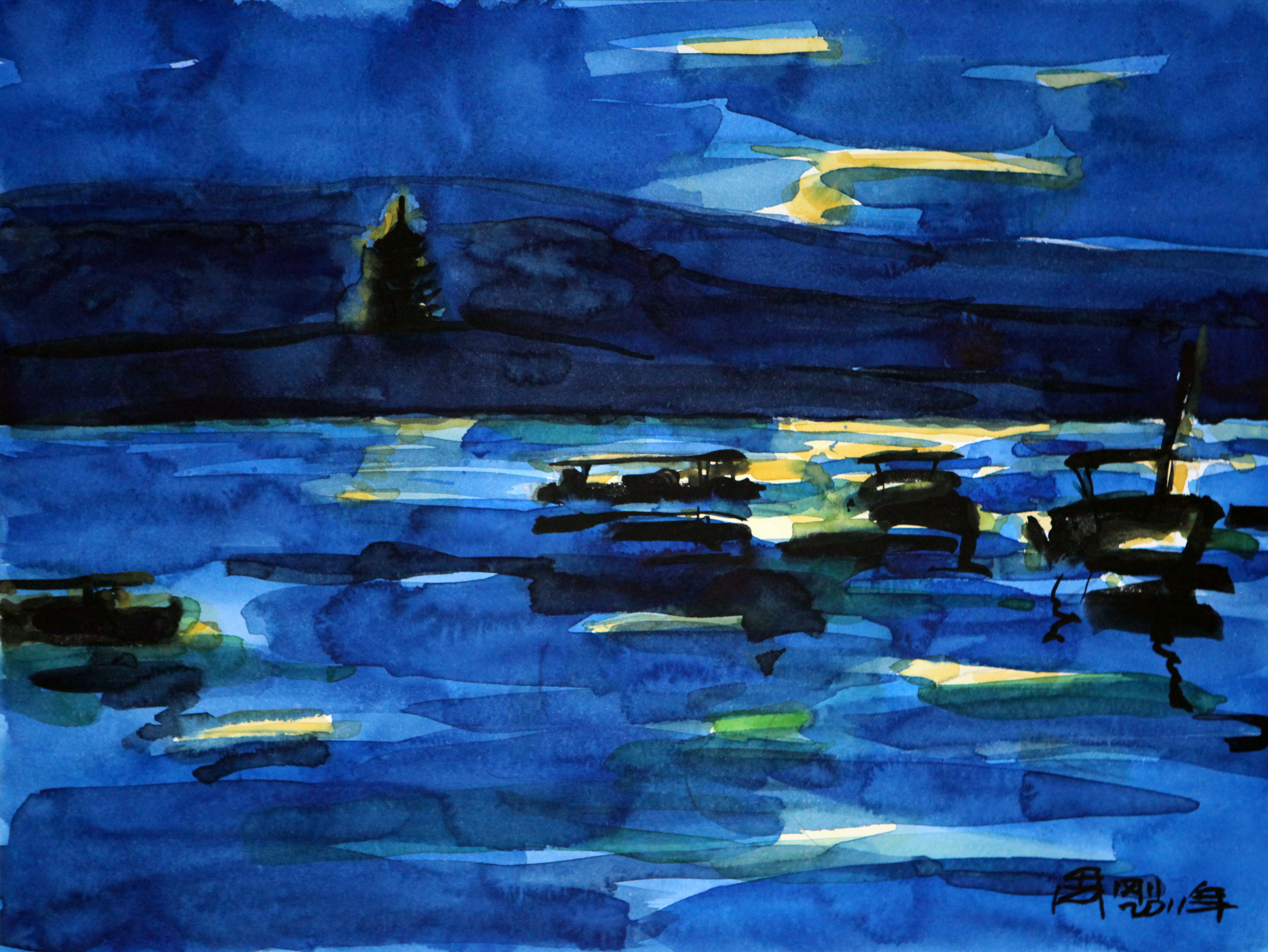 2011周刚水彩画——《蓝色西湖·雷峰夕照》38X49cm