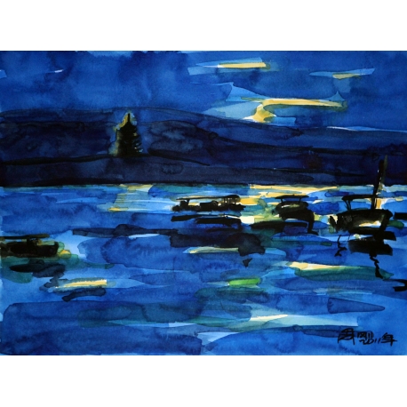 2011周刚水彩画——《蓝色西湖·雷峰夕照》38X49cm