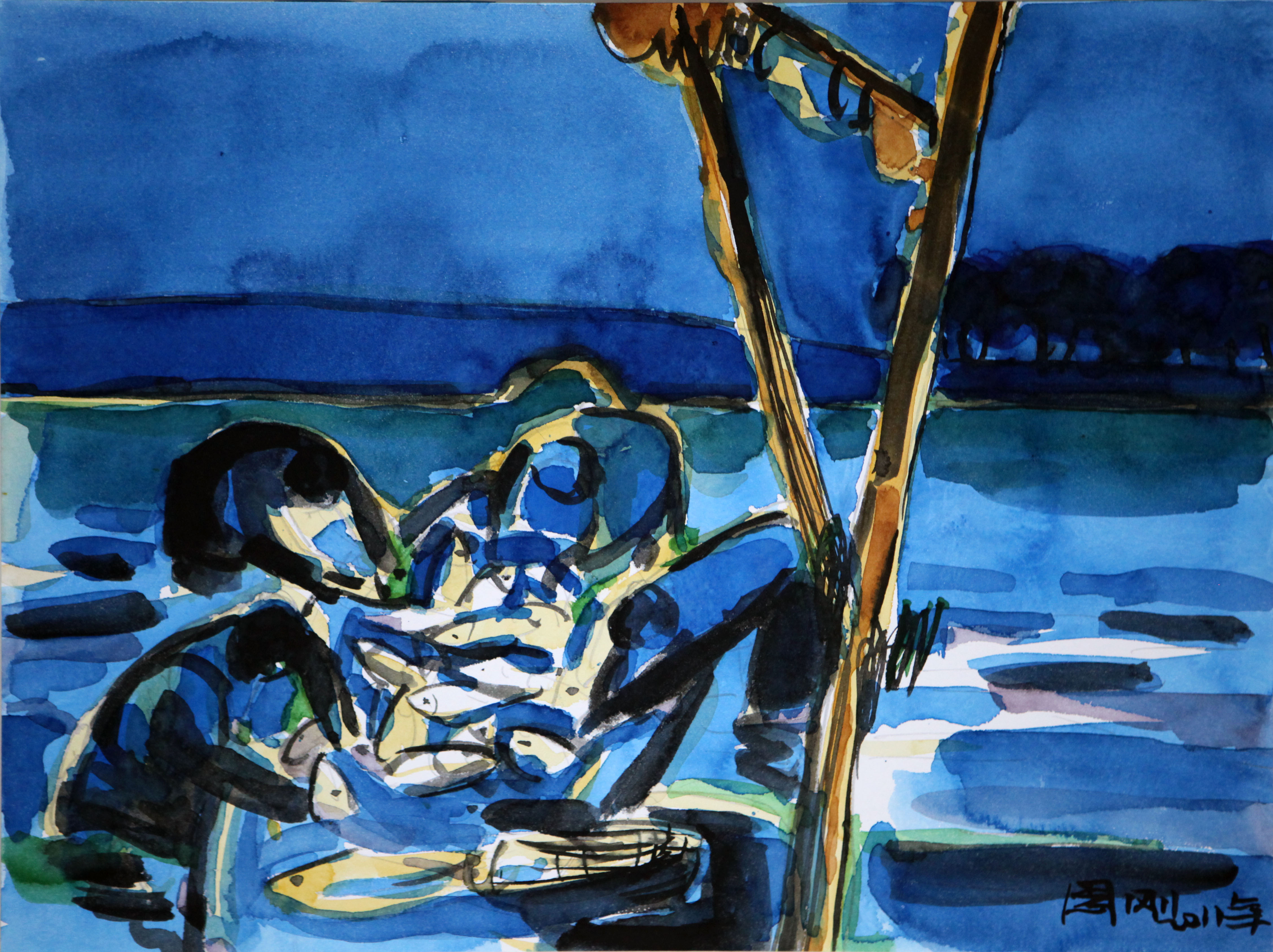 2011周刚水彩画——《蓝色西湖·西湖捕鱼》 38X49cm