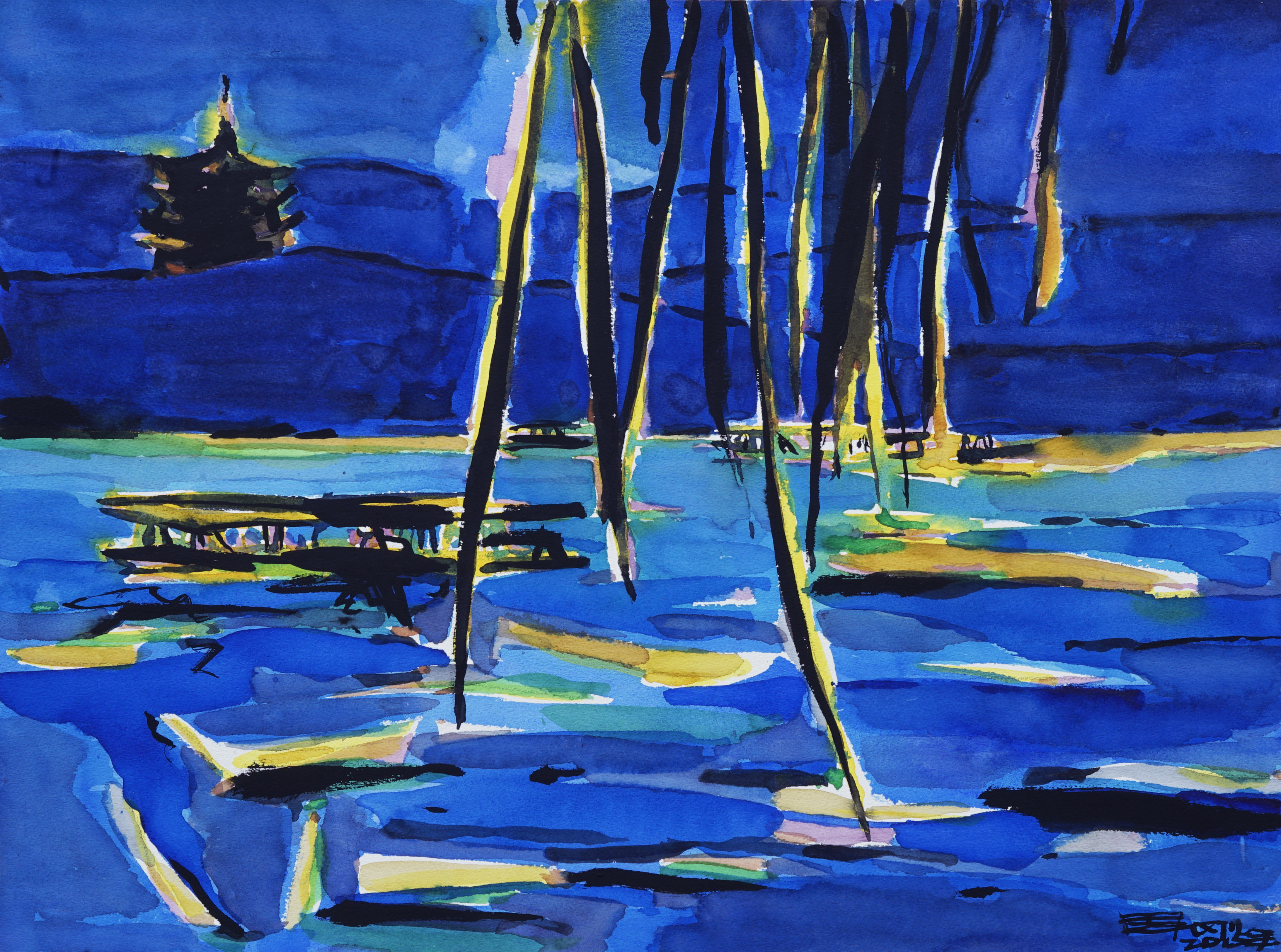 2015周刚水彩画——《蓝色西湖·雷峰夕照》62x50cm