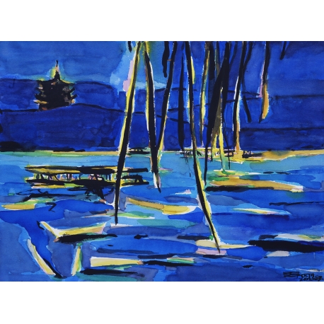 2015周刚水彩画——《蓝色西湖·雷峰夕照》62x50cm