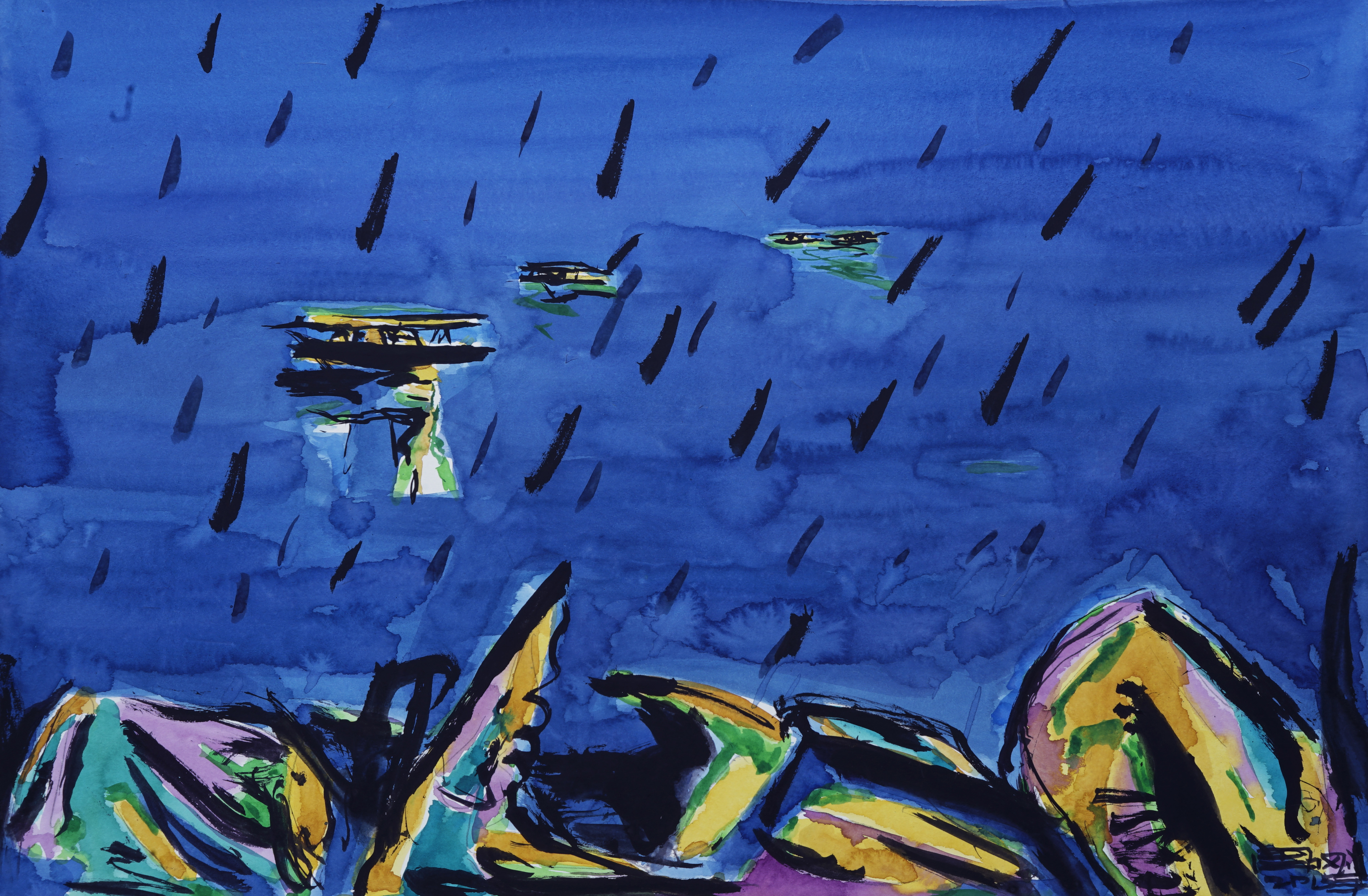 2015周刚水彩画——《蓝色西湖·西湖春雨》71x51cm
