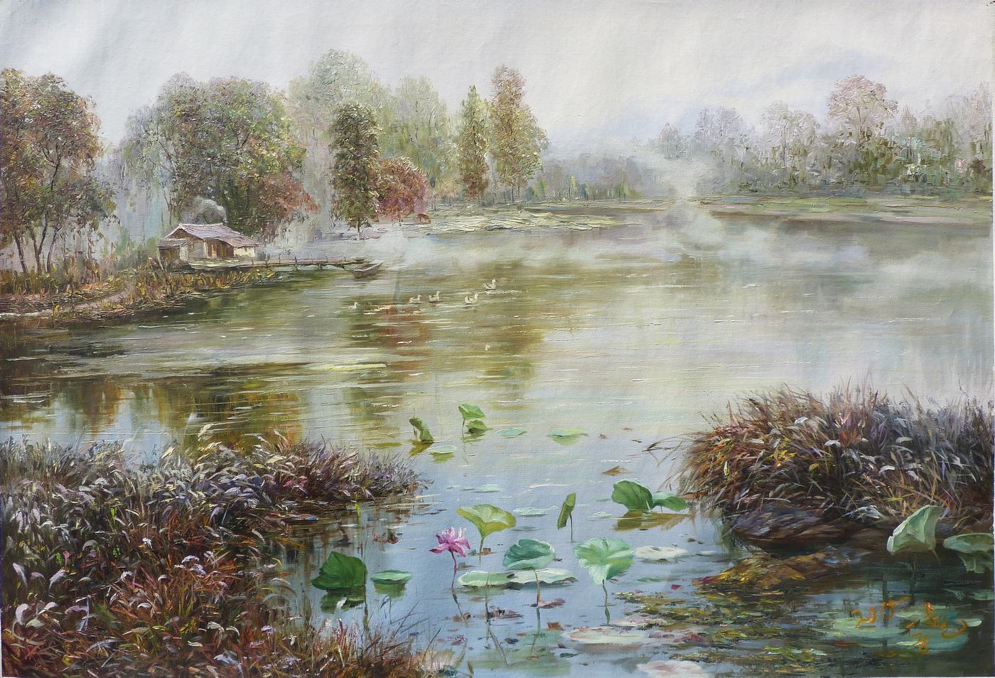 【朝鲜油画】清晨的湖面