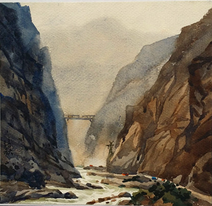 大渡河金口河组画之一《桥悬空架河谷》