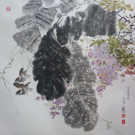 【朝鲜水墨画】雨中欢雀