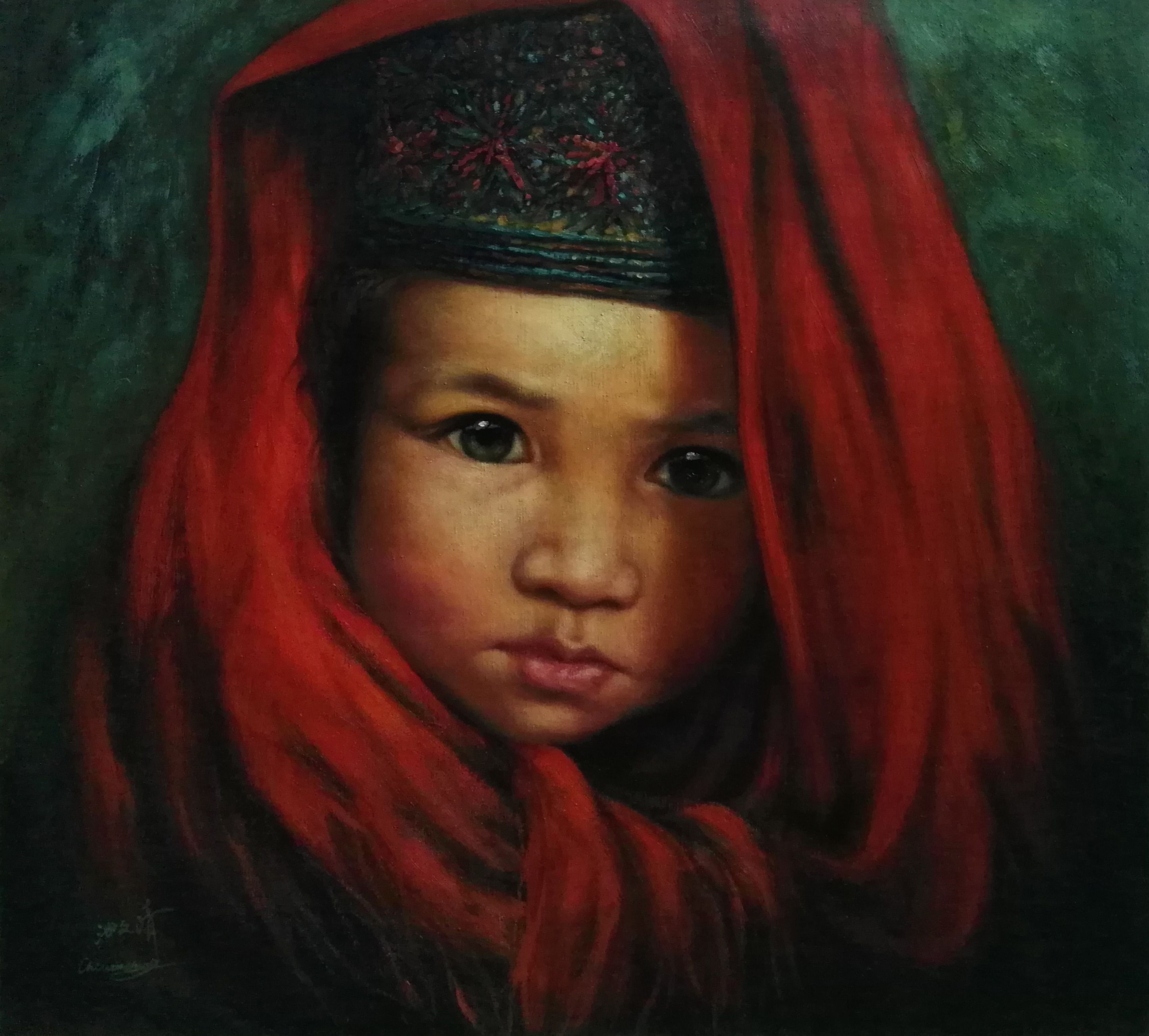 戴红围巾的女孩油画图片