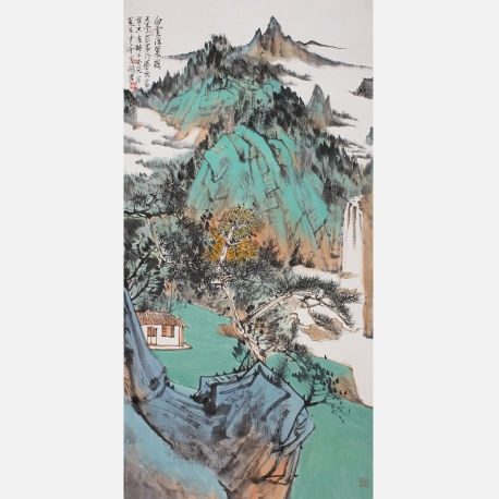 闫勇，《白云浮翠》，90cm×180cm，纸本设色，2014年 (1)