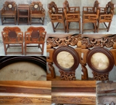 清中期黄杨木灵芝纹（红木座面、踏脚、圆壁）凹面太师椅一对配紫榉冰纹茶几一套