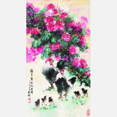 四海画院加盟画家  何荣炘 国画 鸡年繁花兆吉祥 95×52cm