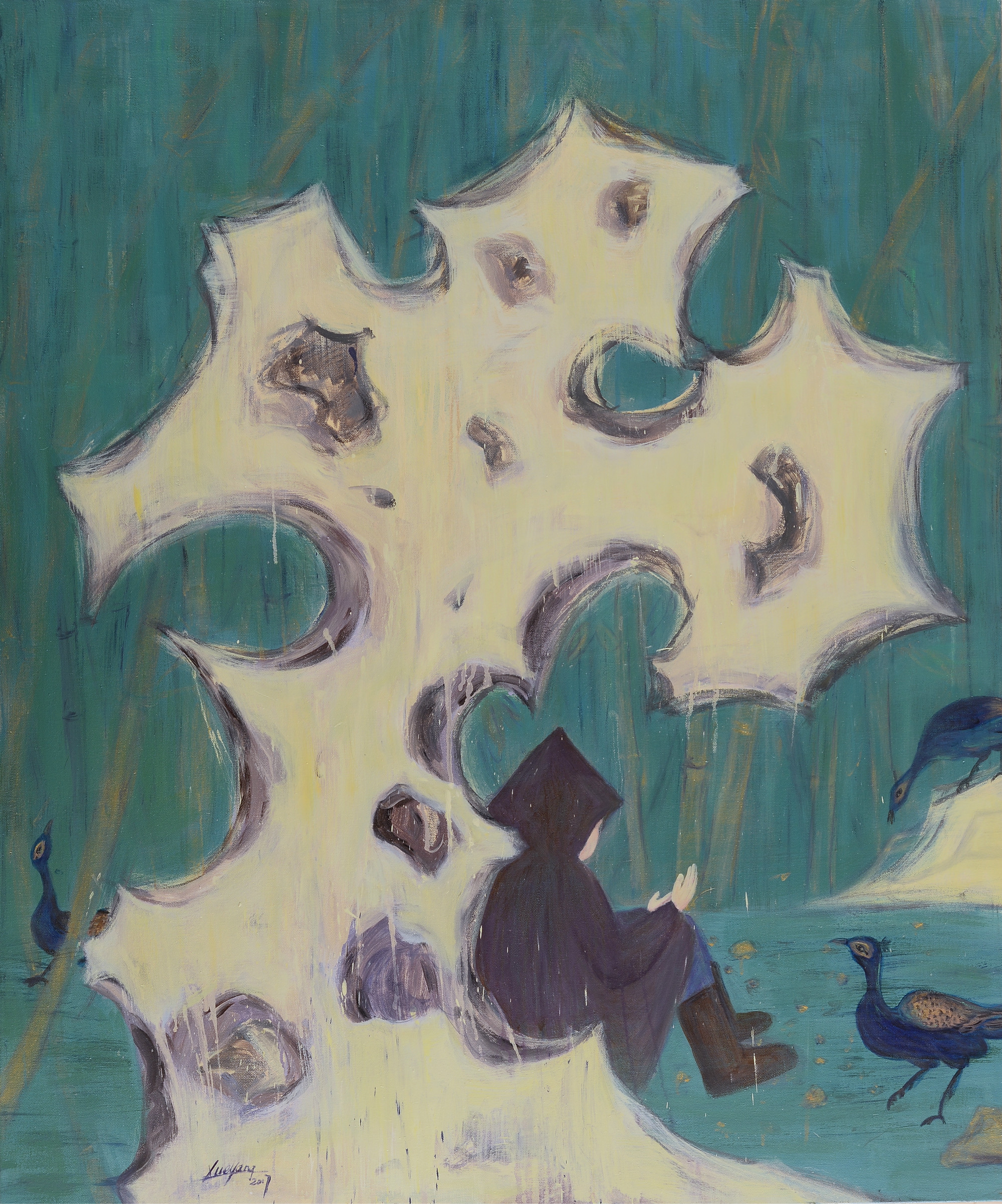 《四月，与鸟》，布上油画，100X120cm ，薛扬，2017年