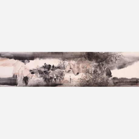 冯苗国画《心游空境》系列之三。34X138cm。2015年作