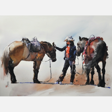巾帼骑手-第十二届全国美术作品展-首届上海朱家角国际水彩画双年展