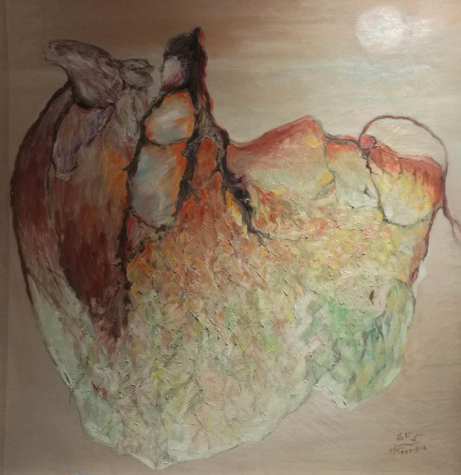 世界独创旋转油画(昭君出塞)，85x85㎝  1998年，此画旋转欣赏可出现四幅不同画面，前无古人，