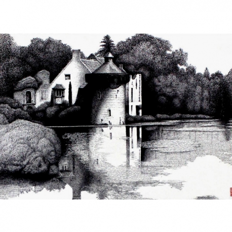 成宗汉  钢笔画《乡村古堡》（英国）55x39.5cm