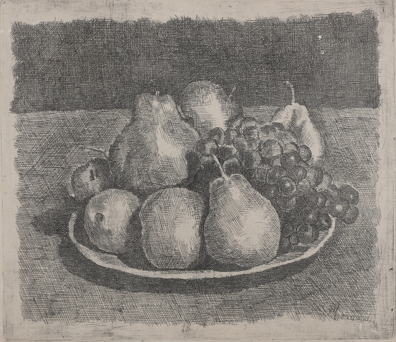 Still life with pear and egg.  Etching 