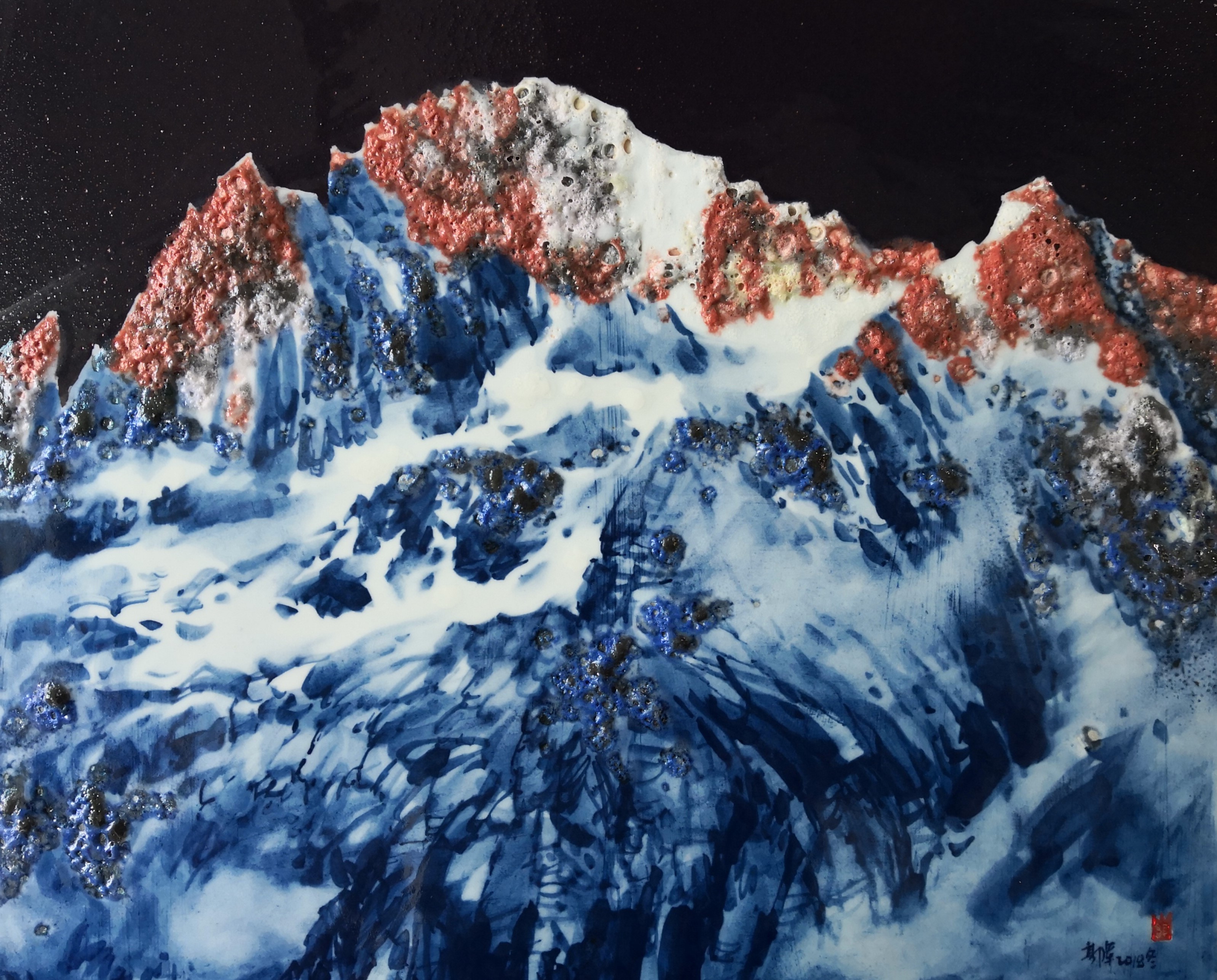 高温窑变釉《玉龙雪山》，45x40cm,作于2019年